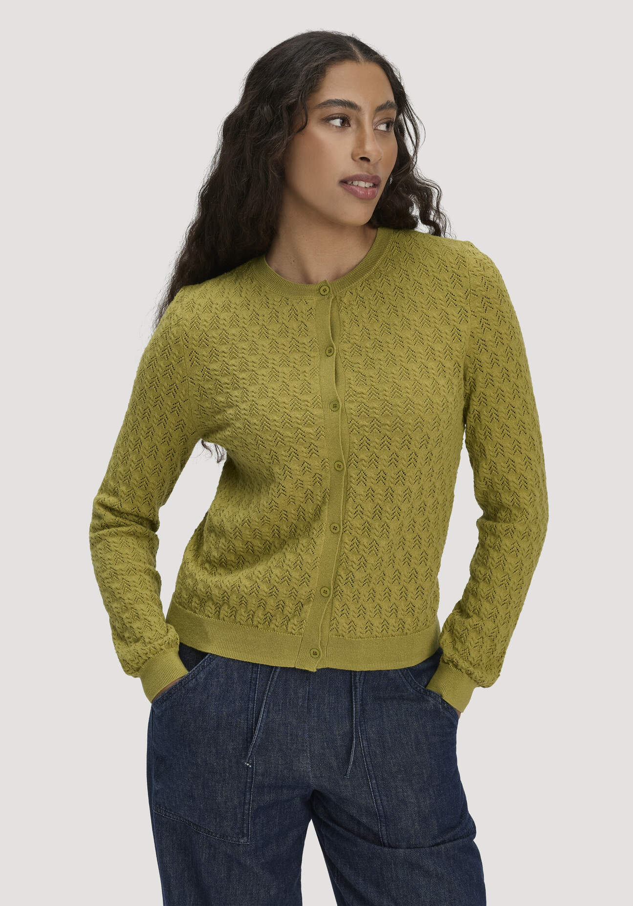 Thumbnail - hessnatur Damen Strick Jacke Regular aus Bio-Baumwolle und Schurwolle - grün - Größe L