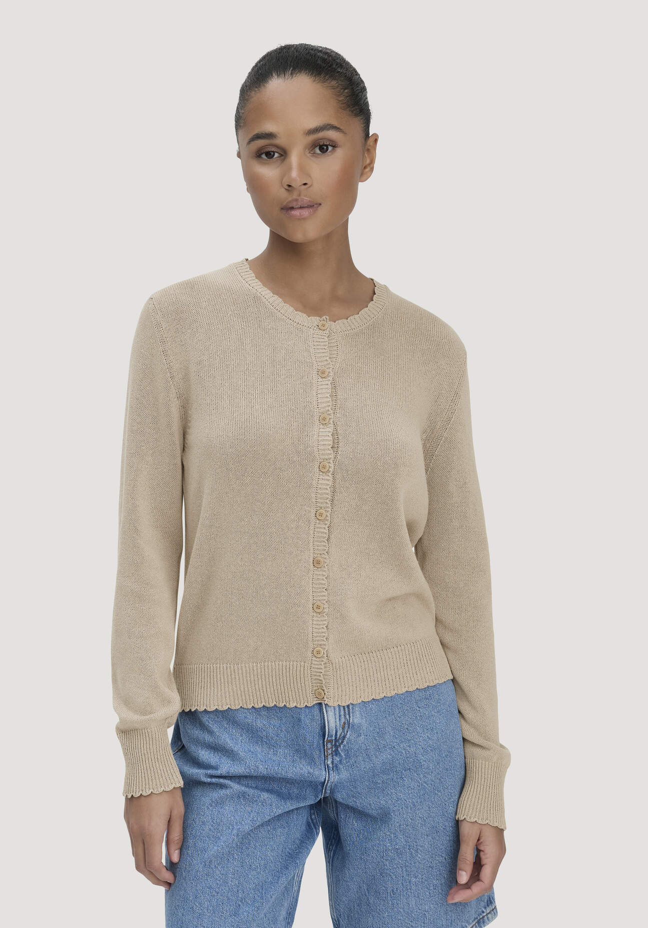 Thumbnail - hessnatur Damen Strick Jacke Regular aus Leinen mit Bio-Baumwolle und LENZING™ ECOVERO - beige - Größe XXL