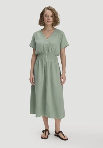 Muslin dress with fitted waist, midi length, made from pure organic cotton - 0