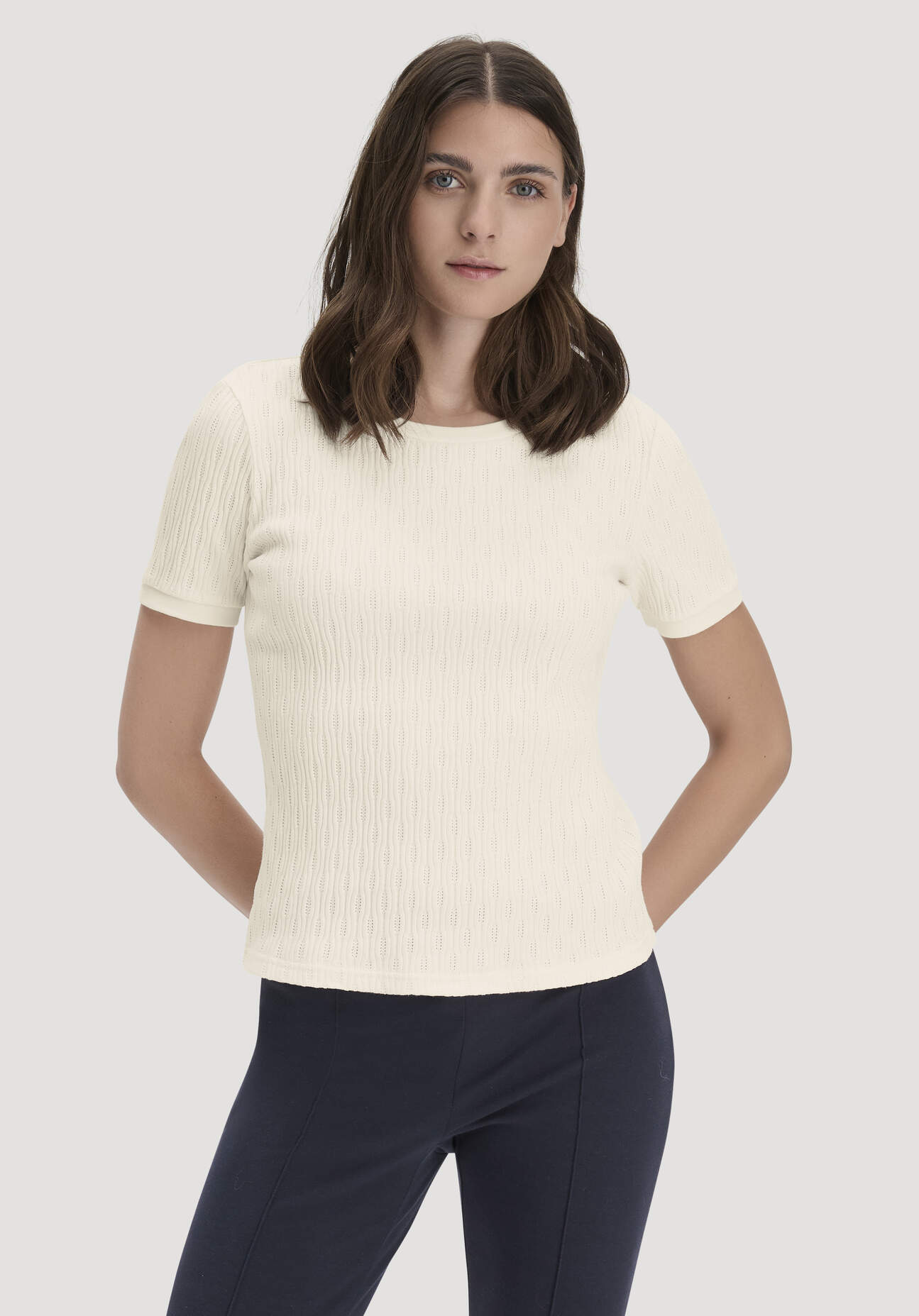 hessnatur Damen Pointelle T-Shirt Regular aus Bio-Baumwolle - beige Größe 34