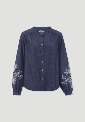 Jeans blouse with embroidery, relaxed style, made from pure organic cotton