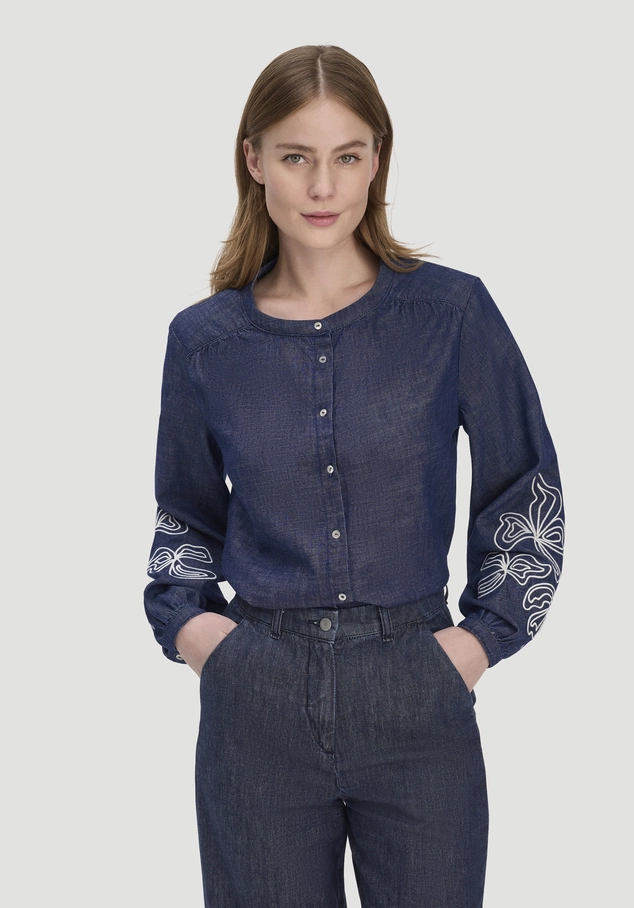 Jeans blouse with embroidery, relaxed style, made from pure organic cotton