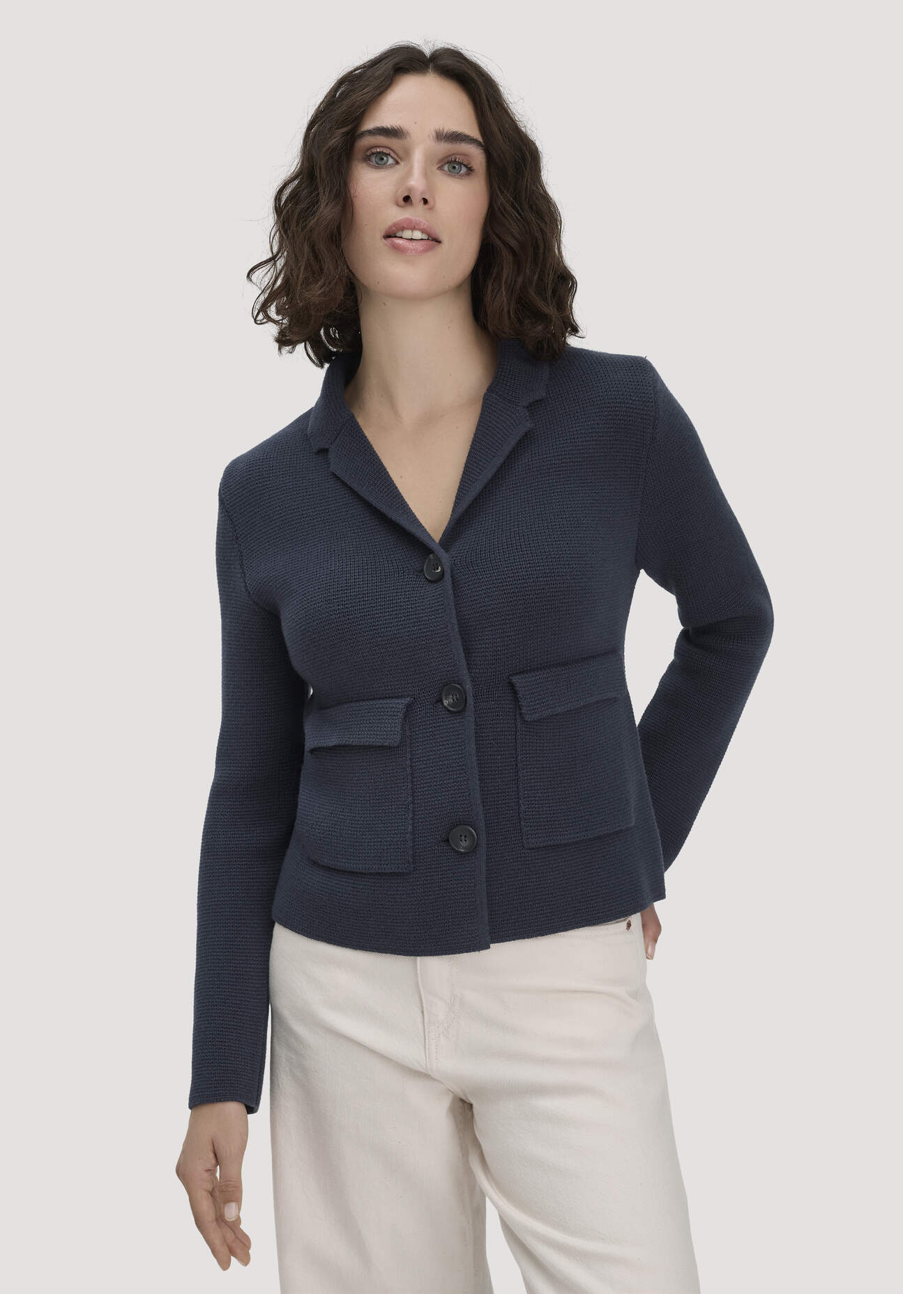 hessnatur Damen Strick Blazer Regular aus Bio-Baumwolle mit Bio-Merinowolle - blau Größe S