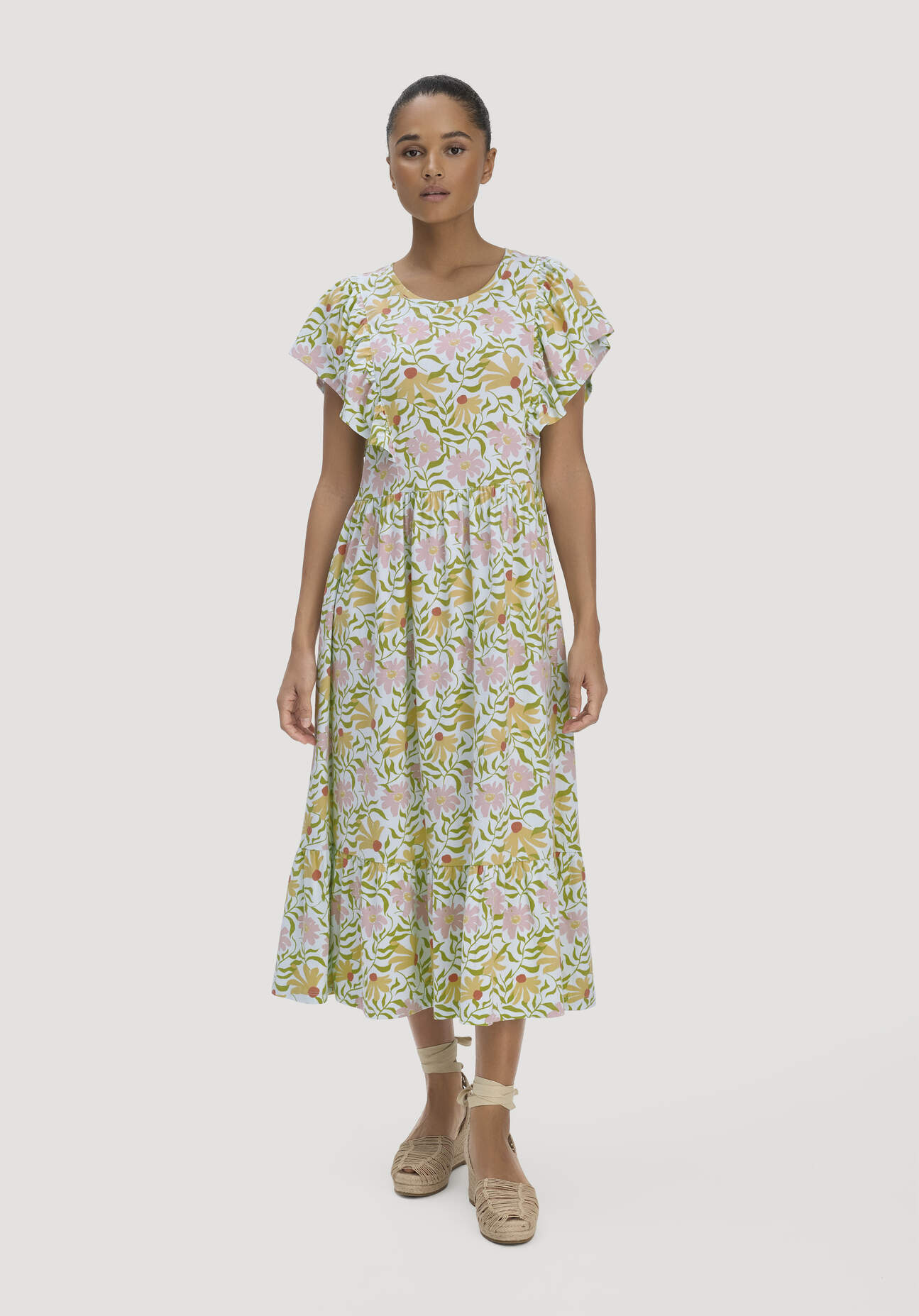 hessnatur Damen Print Jersey Kleid Midi Relaxed aus Bio-Baumwolle - blau Grösse34