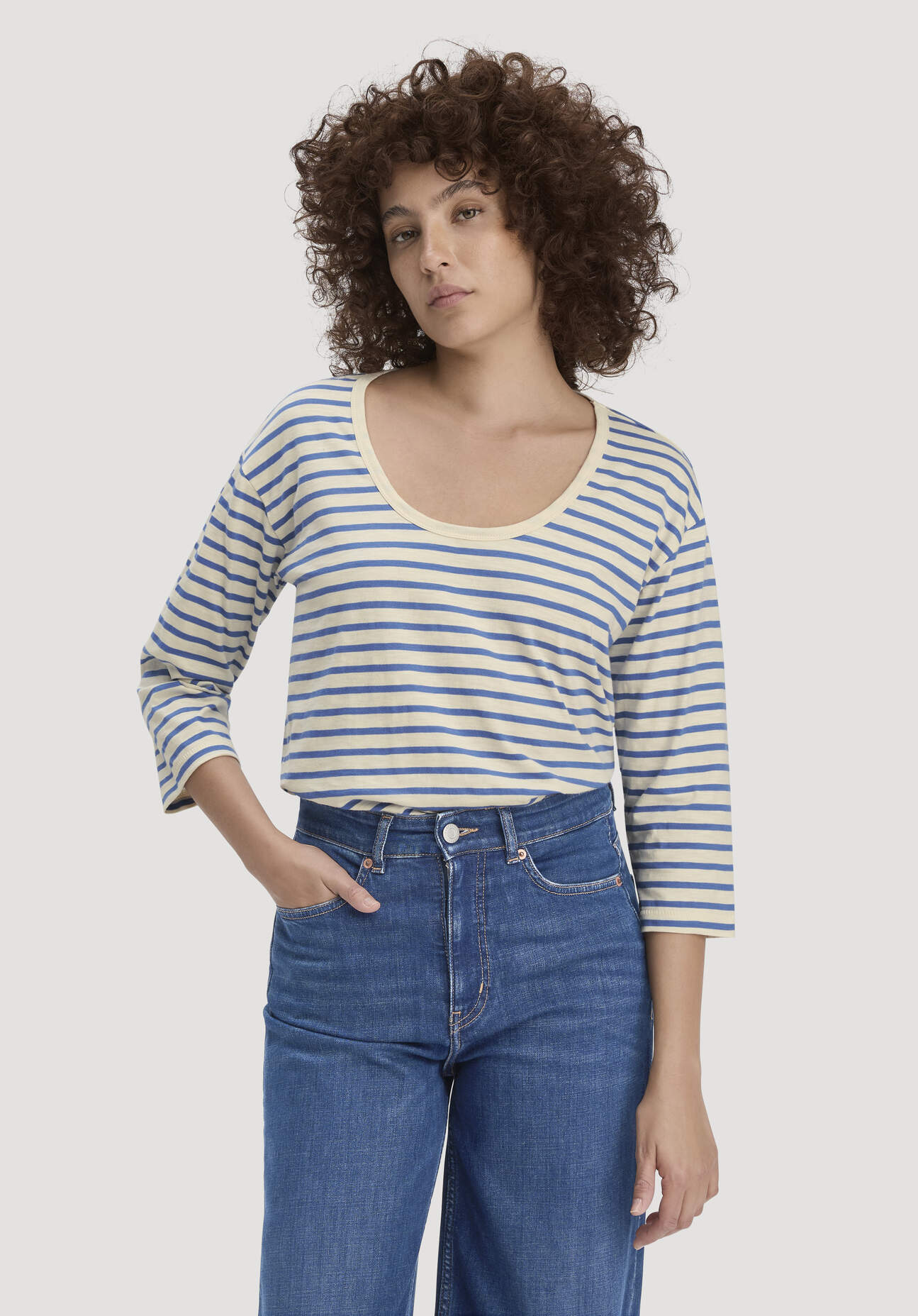 hessnatur Damen Light Slub Streifen Longsleeve Relaxed aus Bio-Baumwolle - blau Grösse38