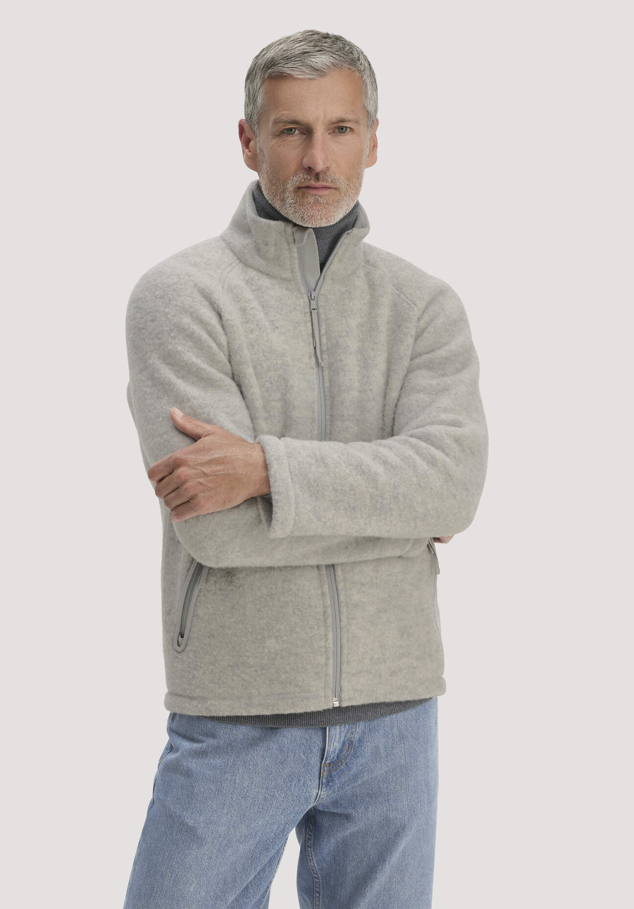 hessnatur Herren Wollfleece Jacke Regular aus Bio-Merinowolle - grau - Größe 52