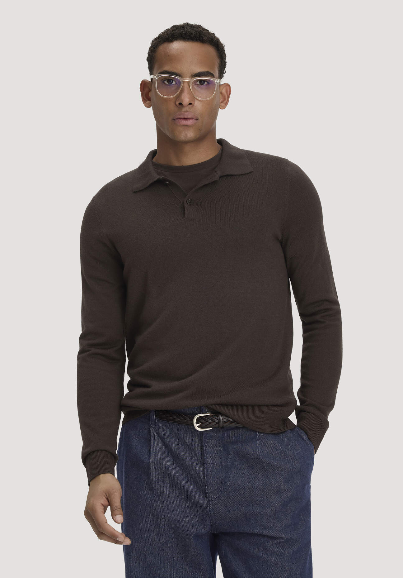 hessnatur Herren Strick Polo Regular aus Bio-Merinowolle - braun GrösseL