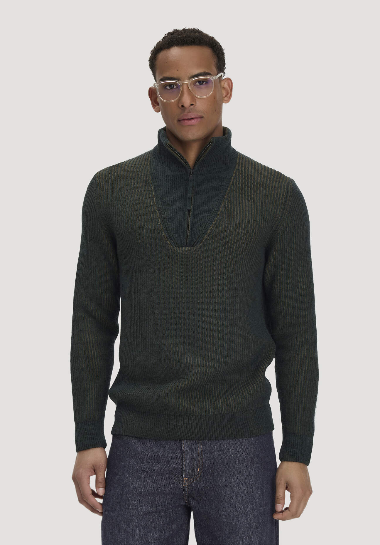 hessnatur Herren Double Knit Troyer Regular aus Bio-Baumwolle, Bio-Merinowolle und recycelter Wolle - grün - Größe L