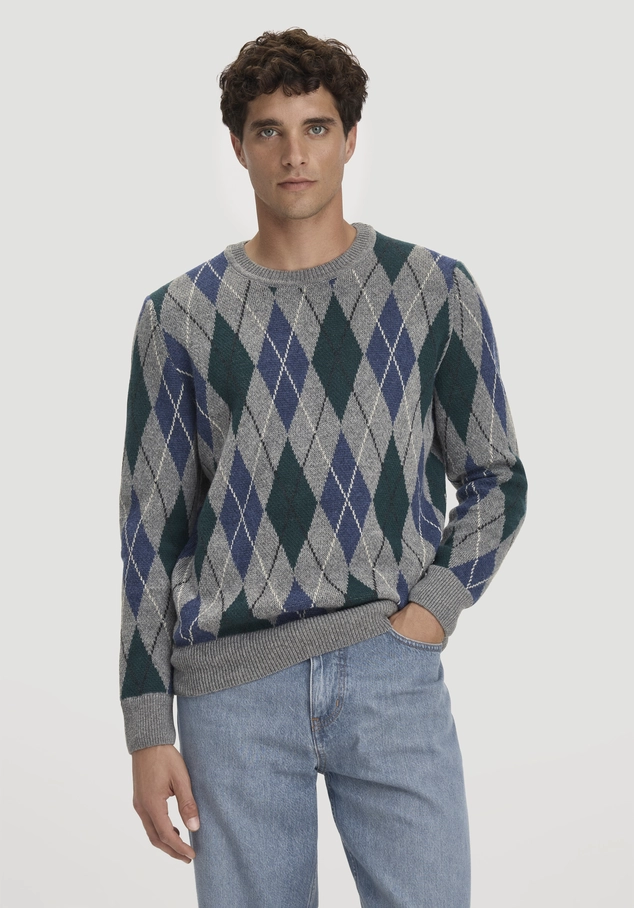 Argyle regular knit sweater made from virgin wool and organic cotton