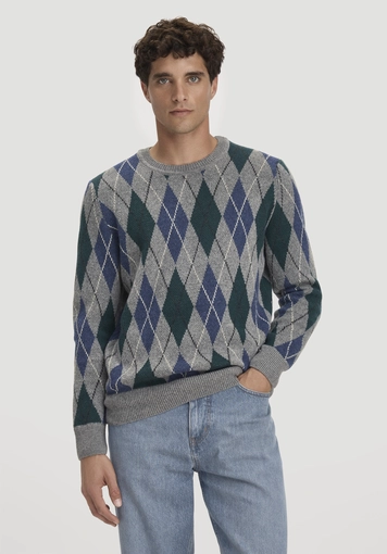 Argyle regular knit sweater made from virgin wool and organic cotton - 0