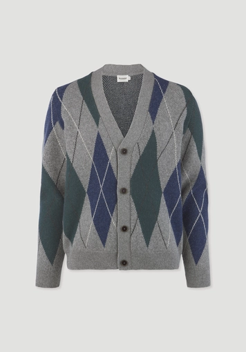 Argyle knit cardigan, regular size, made from virgin wool and organic cotton