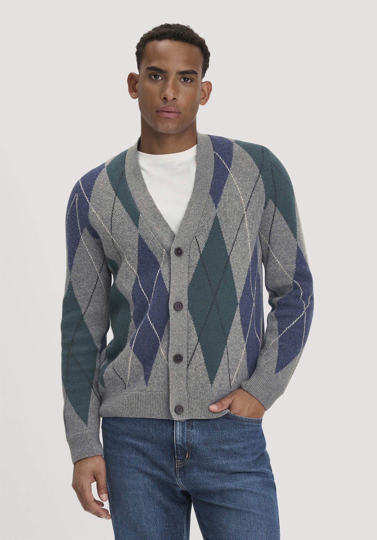 hessnatur Herren Argyle Strick Cardigan Regular aus Schurwolle und Bio-Baumwolle - grau GrösseL