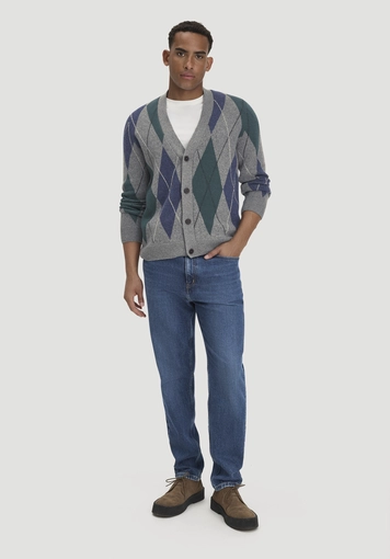 Argyle knit cardigan, regular size, made from virgin wool and organic cotton - 1