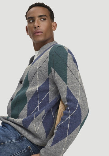 Argyle knit cardigan, regular size, made from virgin wool and organic cotton - 3