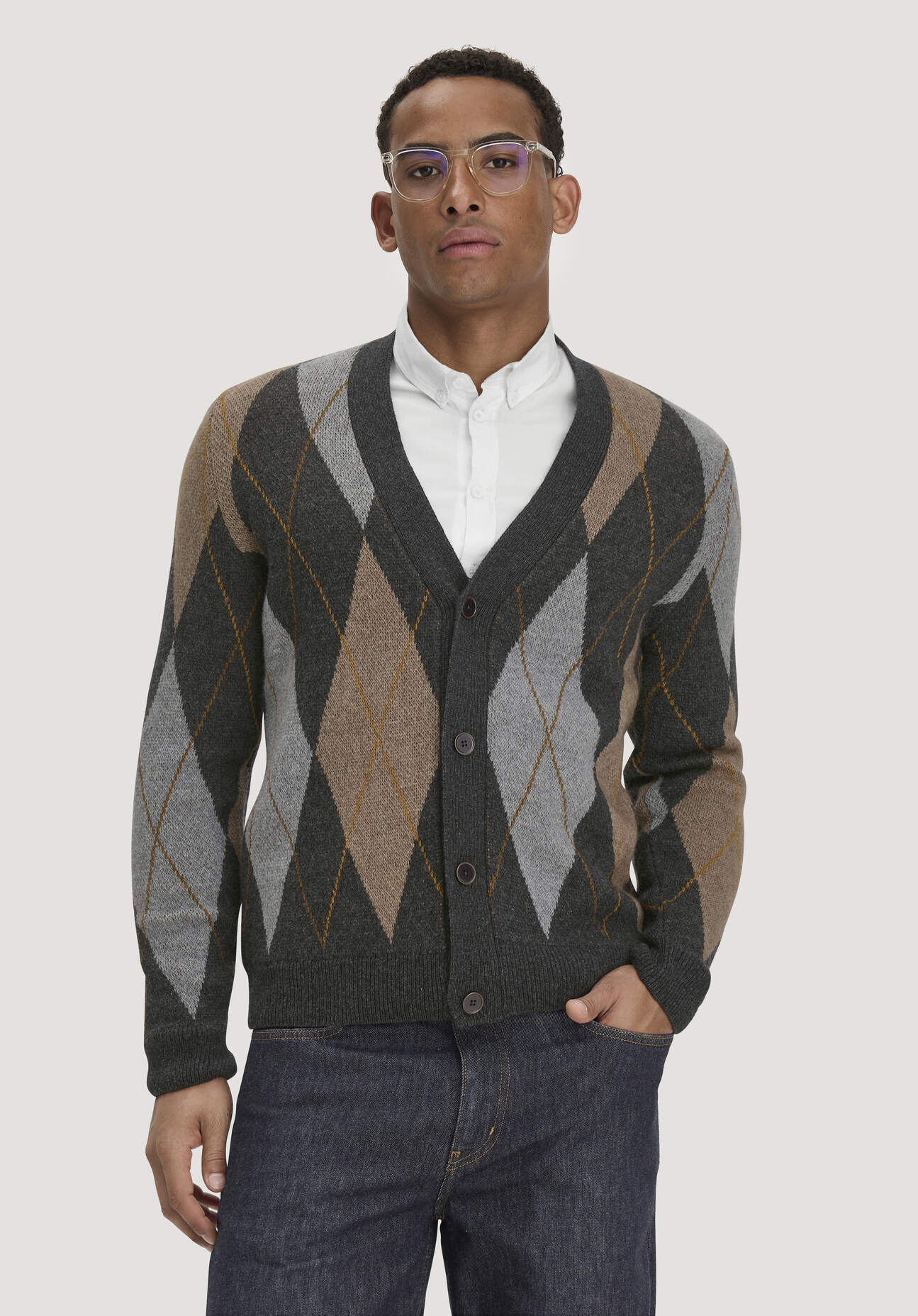 hessnatur Herren Argyle Strick Cardigan Regular aus Schurwolle und Bio-Baumwolle - grau GrösseL