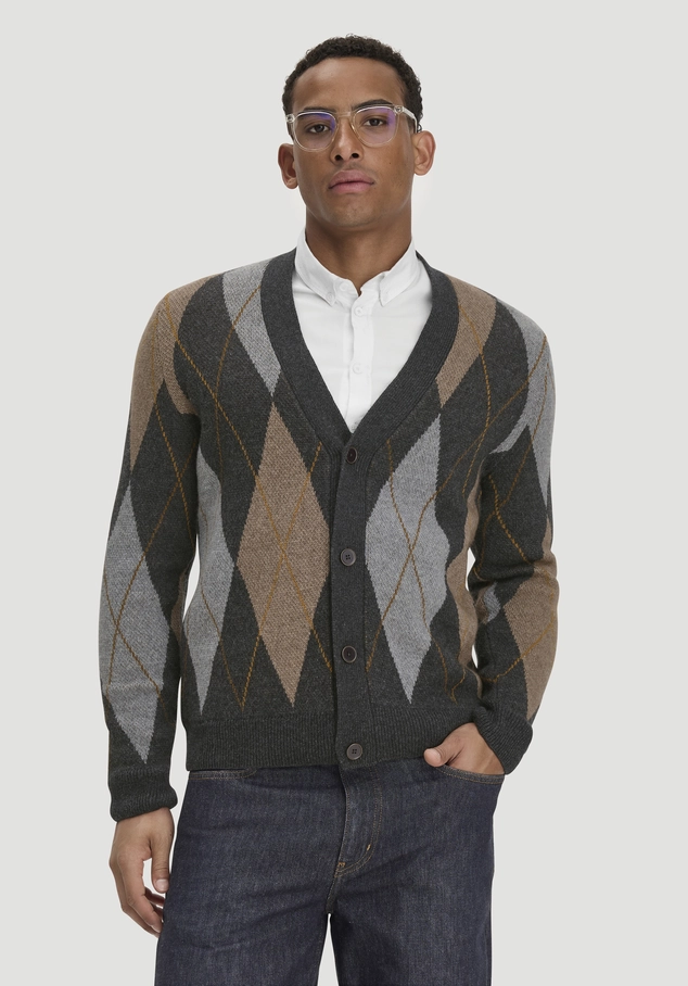 Argyle Strick Cardigan Regular aus Schurwolle und Bio-Baumwolle