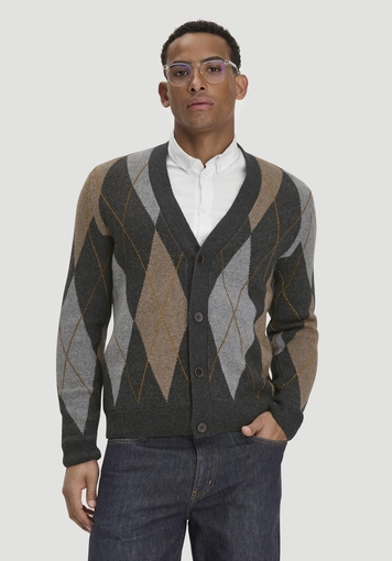Argyle knit cardigan, regular size, made from virgin wool and organic cotton - 0