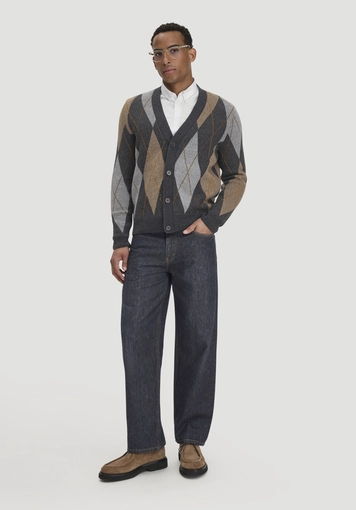 Argyle knit cardigan, regular size, made from virgin wool and organic cotton - 1