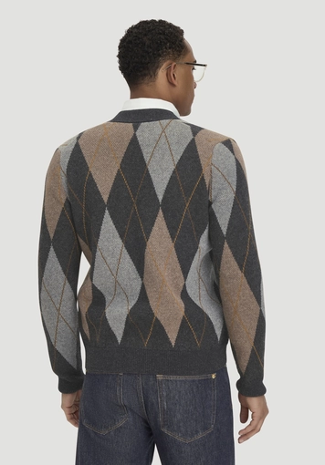 Argyle knit cardigan, regular size, made from virgin wool and organic cotton - 2