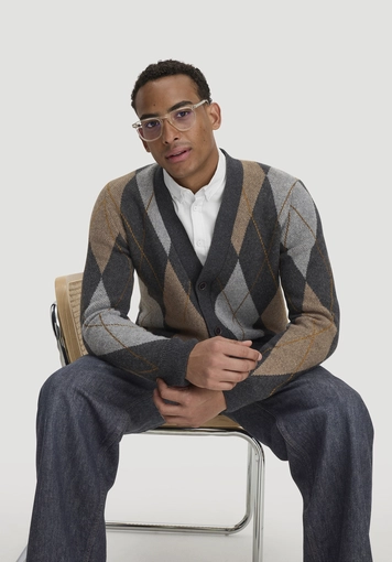 Argyle knit cardigan, regular size, made from virgin wool and organic cotton - 4