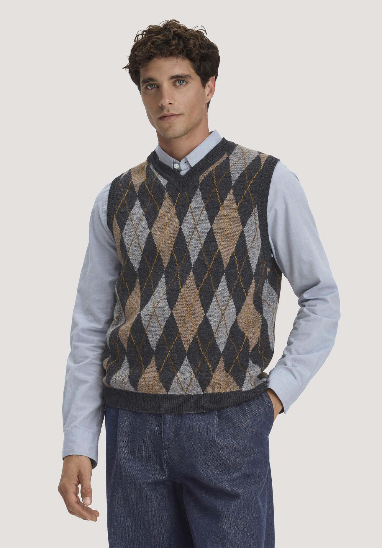 hessnatur Herren Argyle Strick-Pullunder Regular aus Schurwolle und Bio-Baumwolle - grau - Größe L