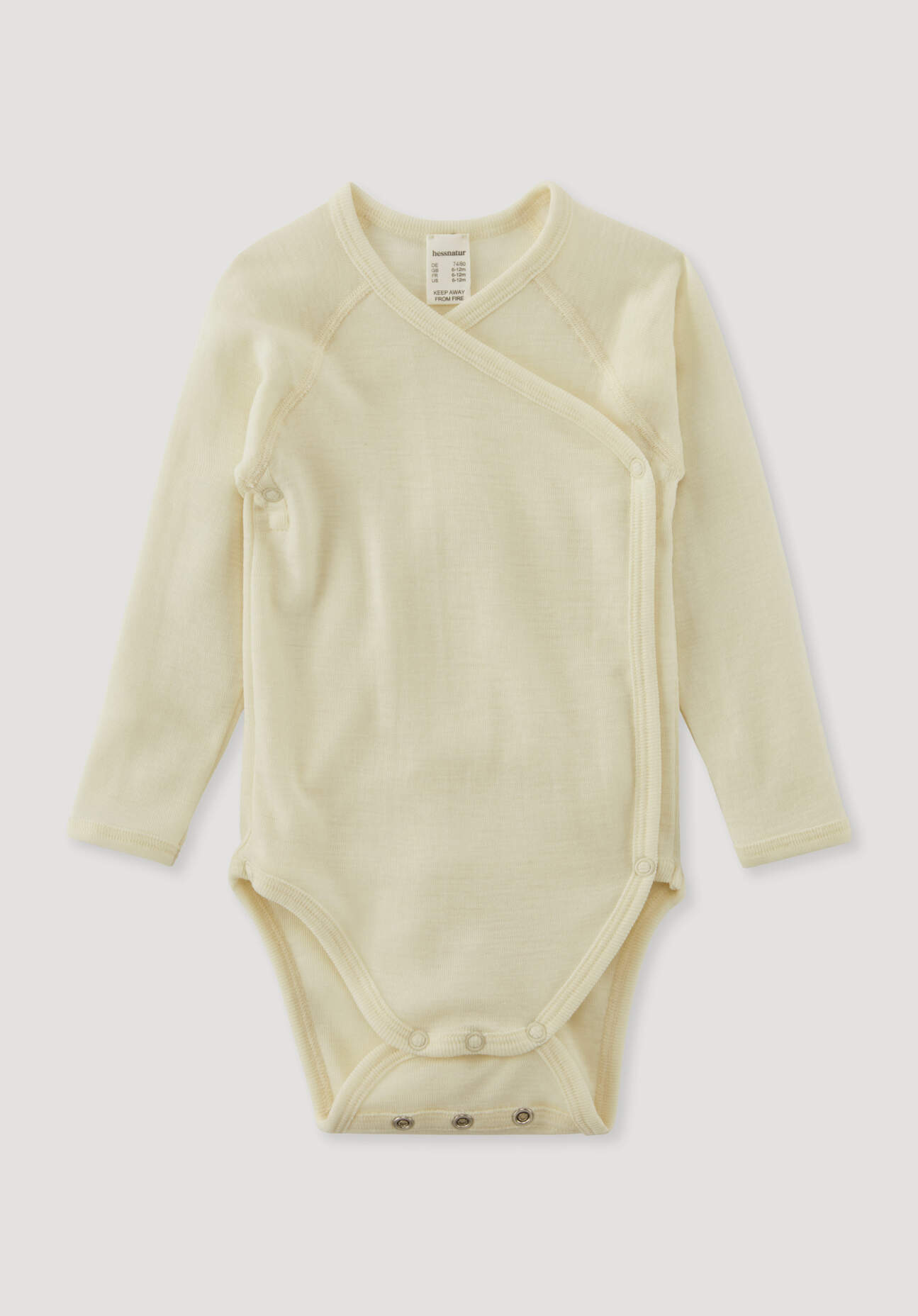 hessnatur Baby Langarm-Wickelbody Slim aus Bio-Merinowolle mit Seide - naturfarben Grösse74/80