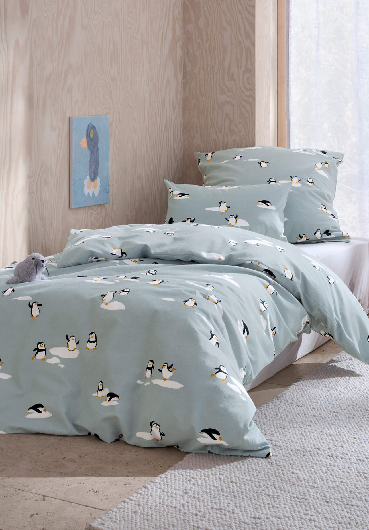 hessnatur Baby Biber Bettwäsche Pinguin aus Bio-Baumwolle - blau Grösse100x135 / 40x60 cm