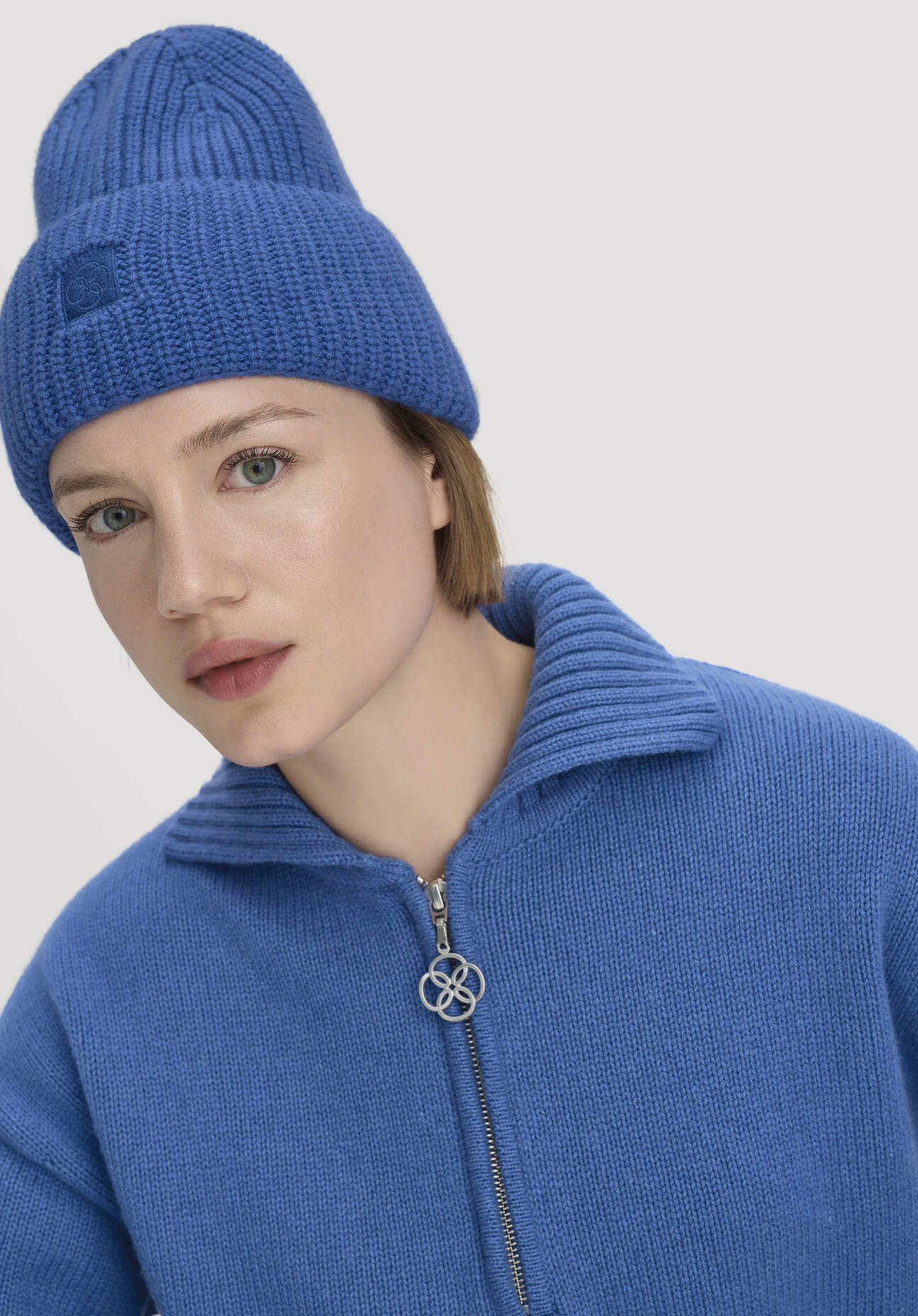 hessnatur Damen Strick Mütze aus Bio-Baumwolle mit Schurwolle und recycelter Wolle - blau Grösse1size