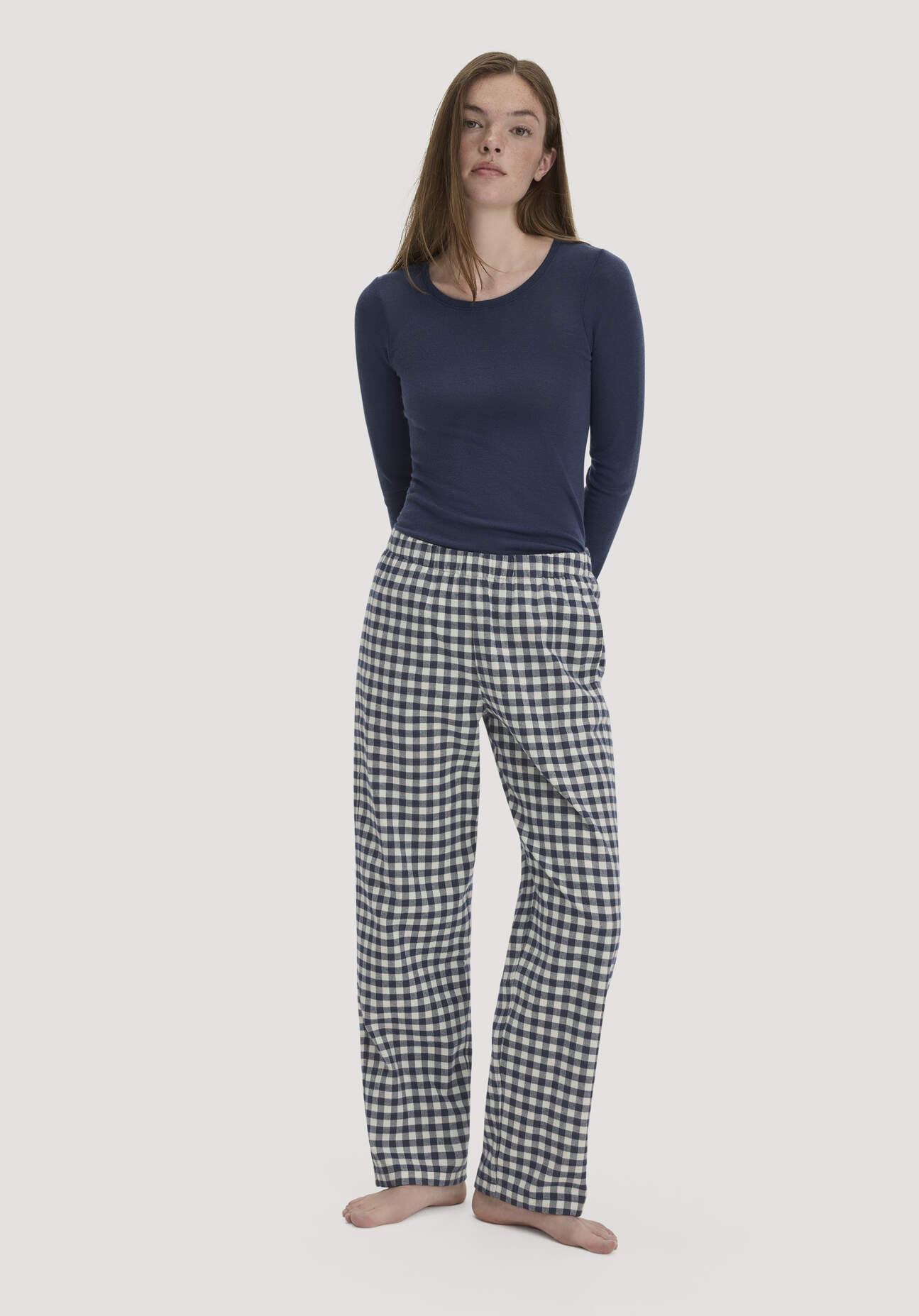 hessnatur Damen Flanell Schlafhose PURE COTTON aus Bio-Baumwolle mit TENCEL™ Lyocell - blau - Größe 48