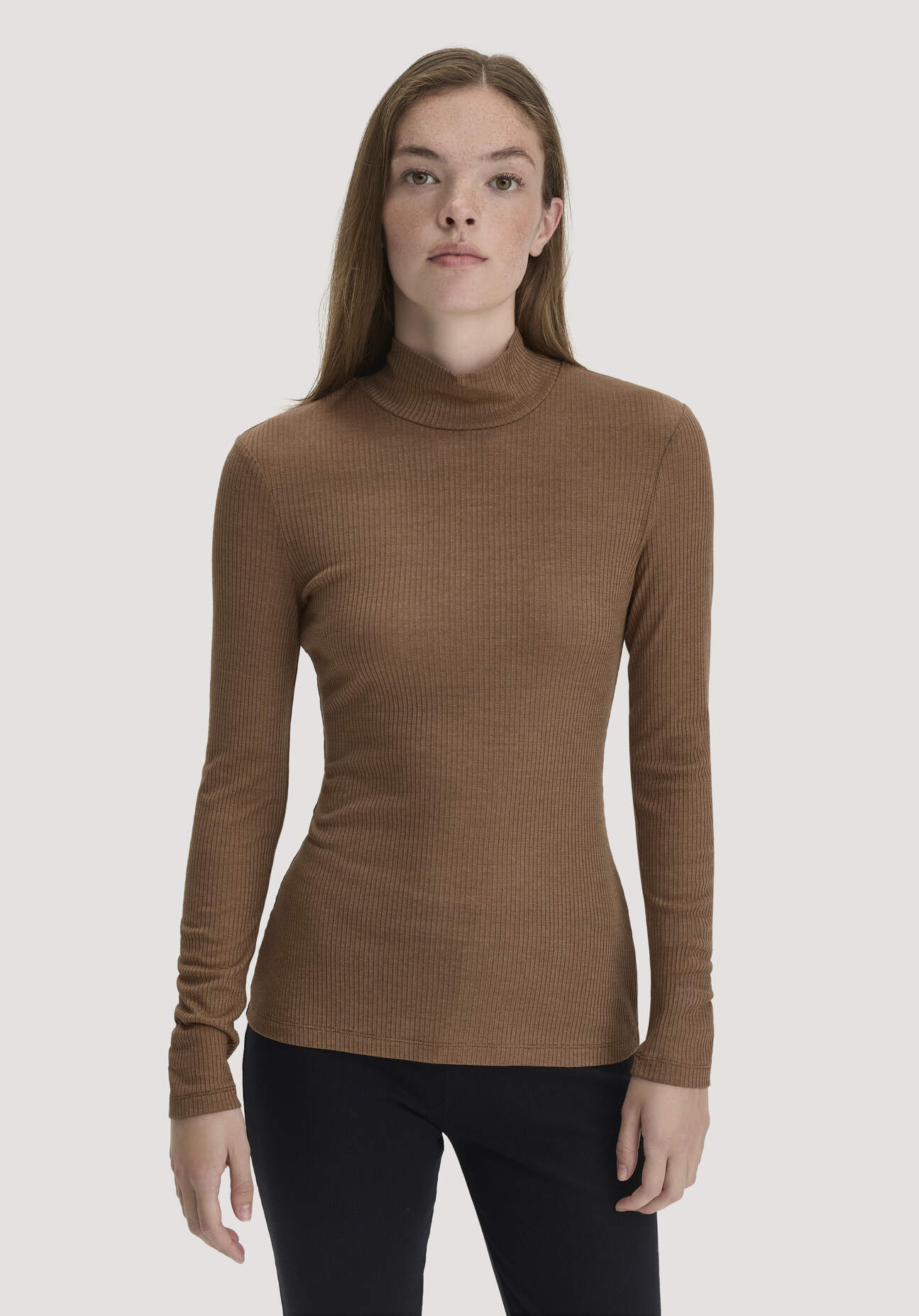 hessnatur Damen Mock-Neck Longsleeve WARM TOUCH aus Bio-Schurwolle und TENCEL™ Lyocell - braun Grösse46