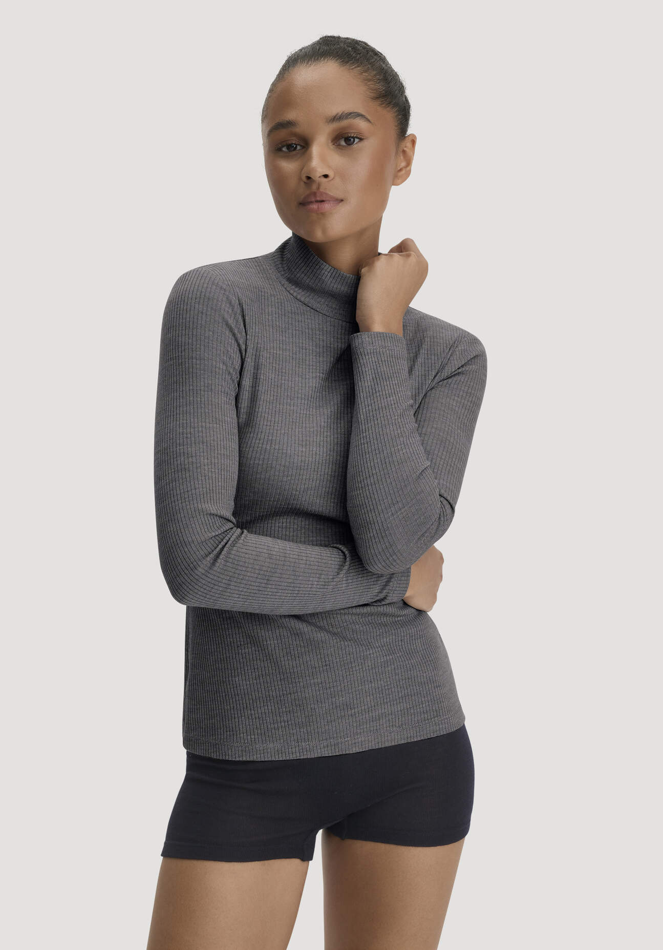 hessnatur Damen Mock-Neck Longsleeve WARM TOUCH aus Bio-Schurwolle und TENCEL™ Lyocell - grau Grösse34