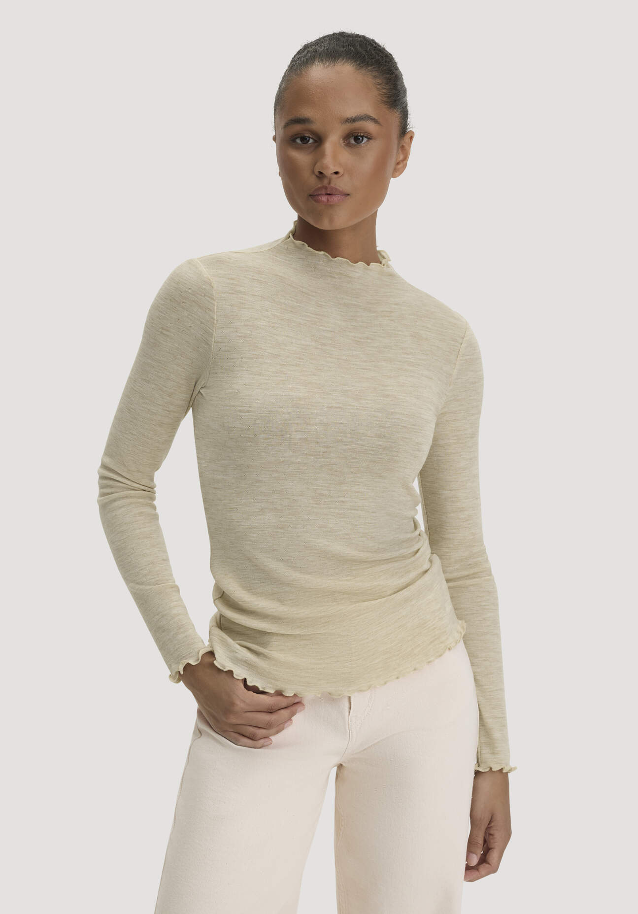 hessnatur Damen Mock-Neck Longsleeve Pointelle aus Bio-Merinowolle - beige Grösse44