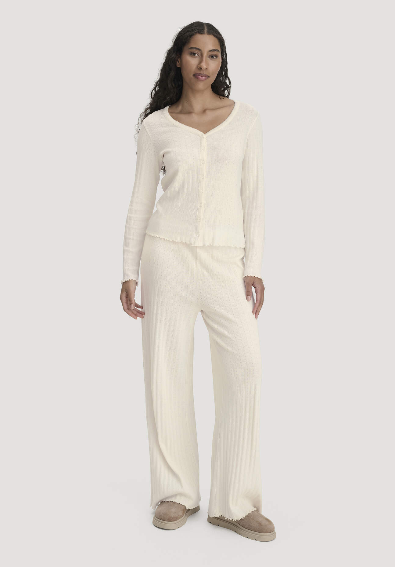 hessnatur Damen Pointelle Schlafhose PURE COTTON aus Bio-Baumwolle - naturfarben Grösse44