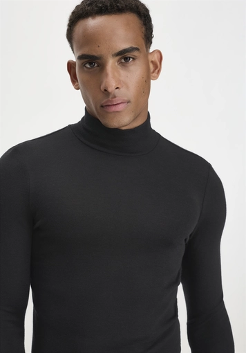 Roll-neck long-sleeved fitted top made from organic merino wool and silk - 1