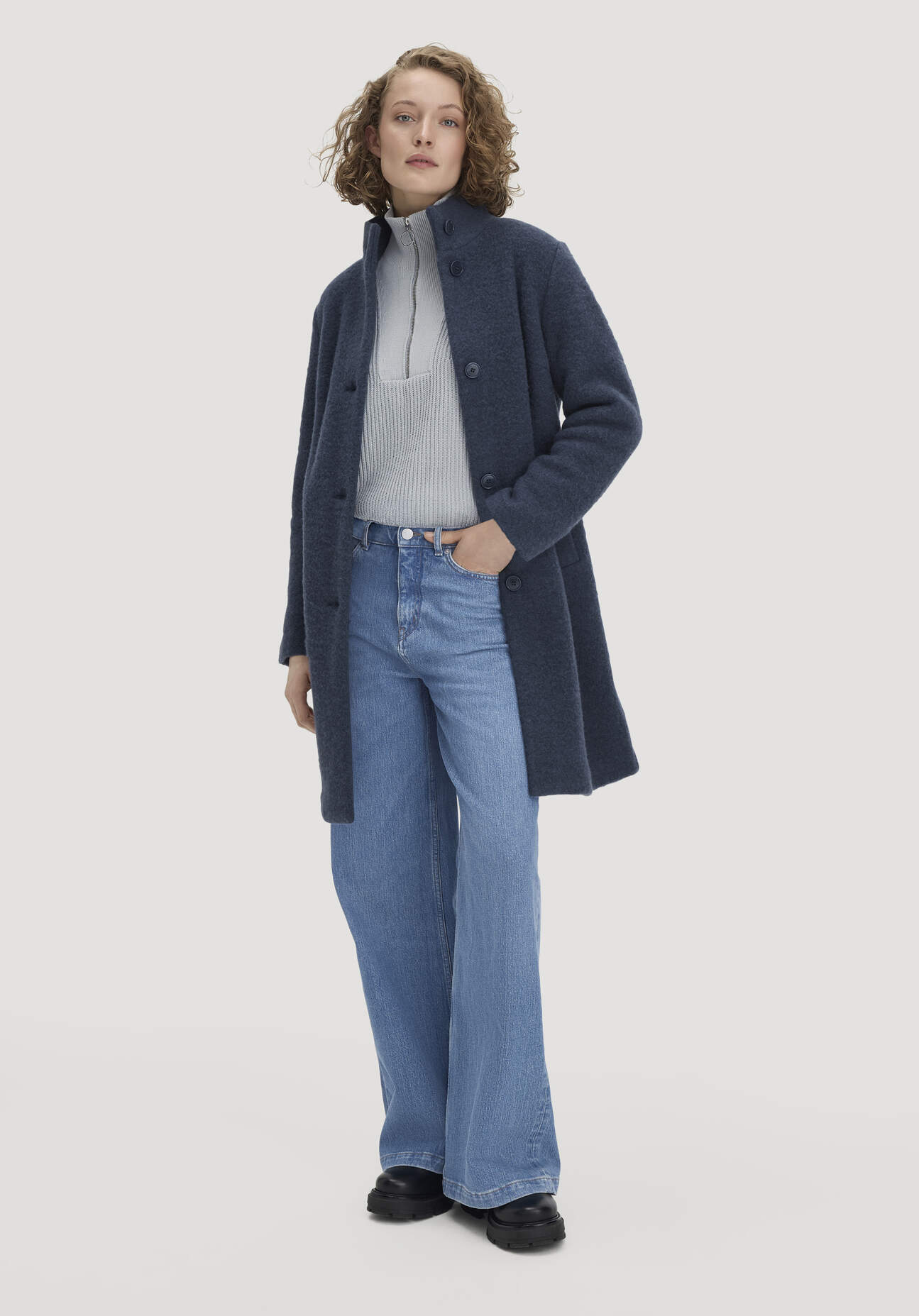 hessnatur Damen Wollfleece Mantel Regular aus Bio-Merinowolle - blau - Größe 34