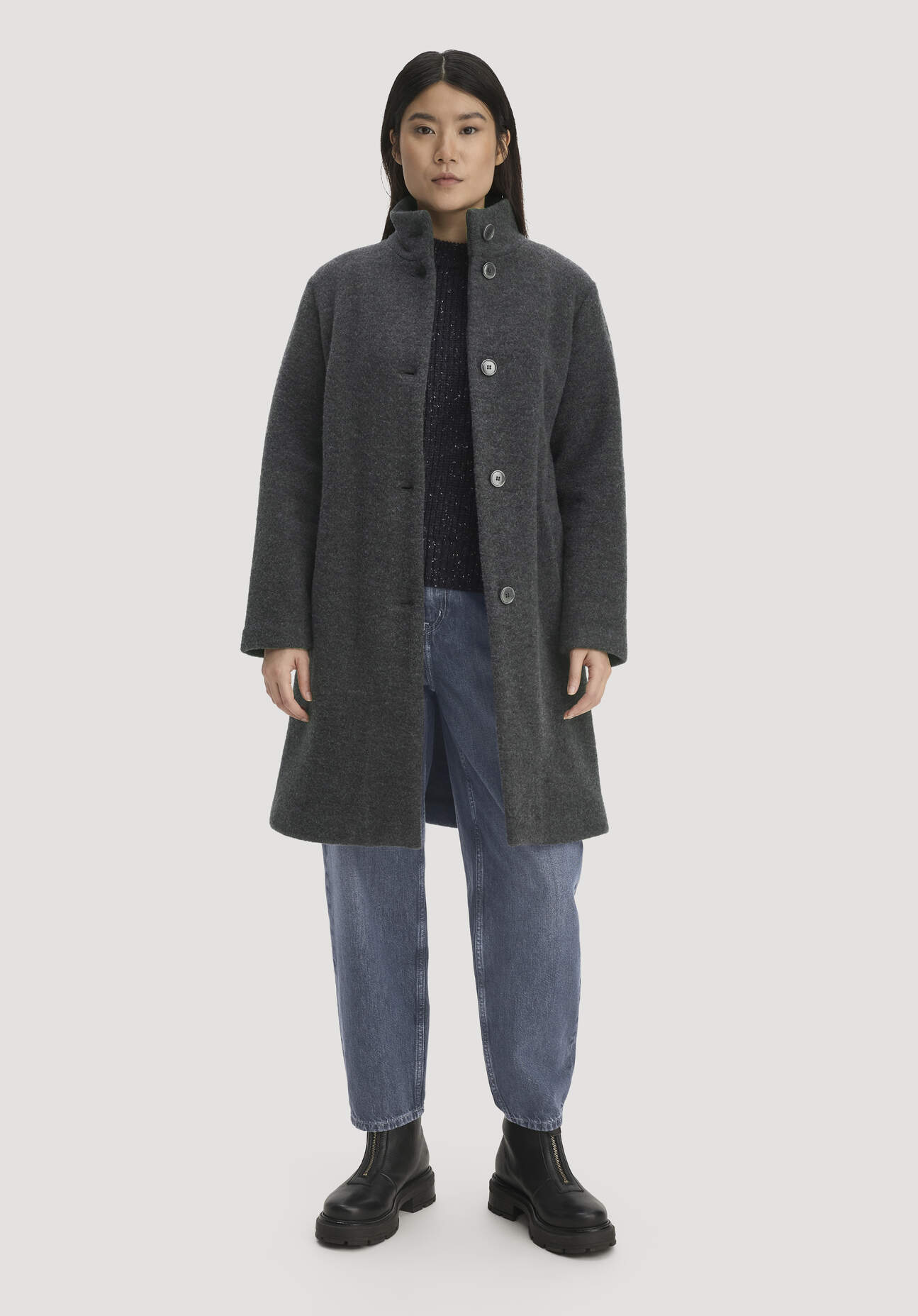 hessnatur Damen Wollfleece Mantel Regular aus Bio-Merinowolle - grau - Größe 34
