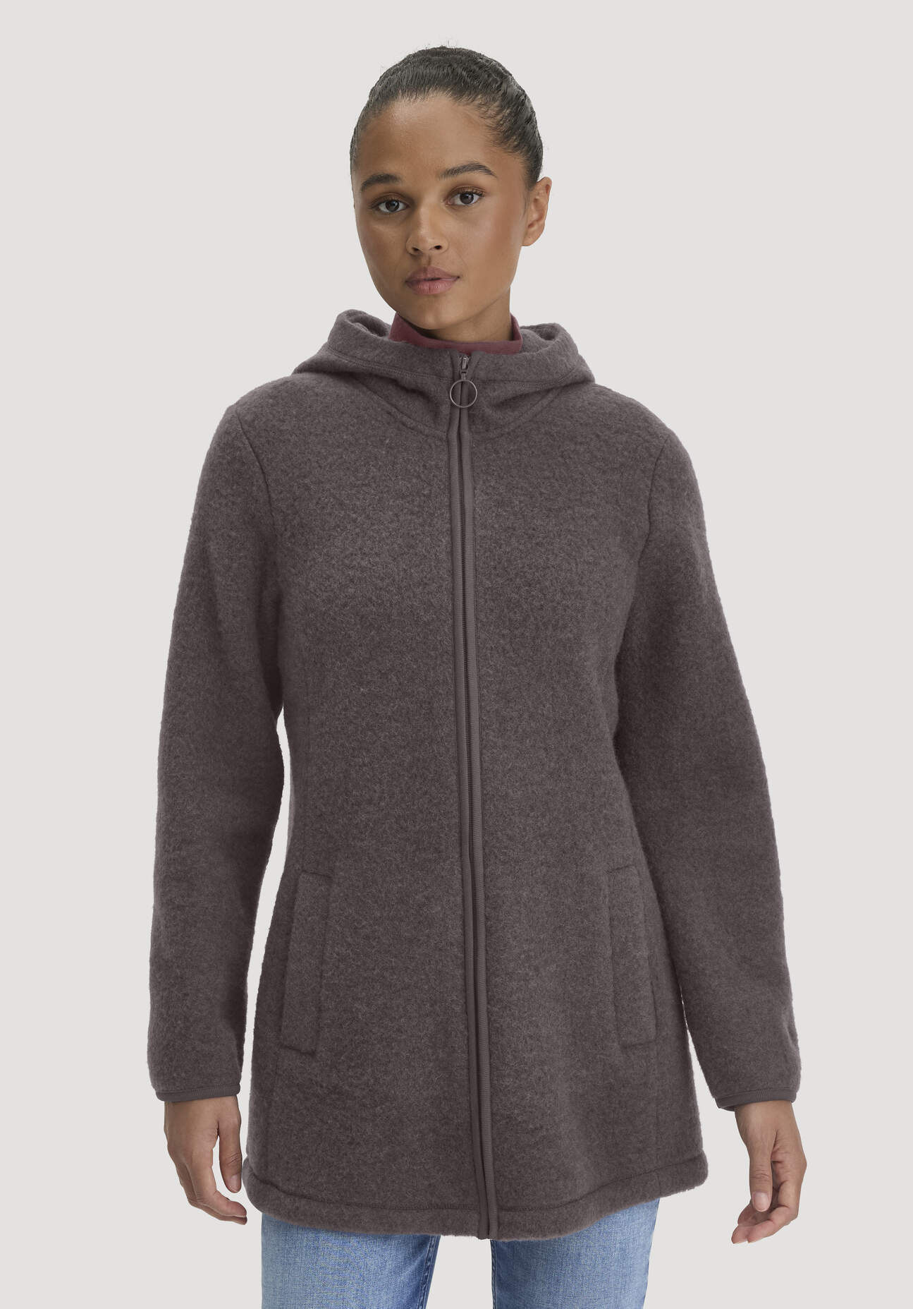 hessnatur Damen Wollfleece-Jacke mit Kapuze Regular aus Bio-Merinowolle - lila - Größe S