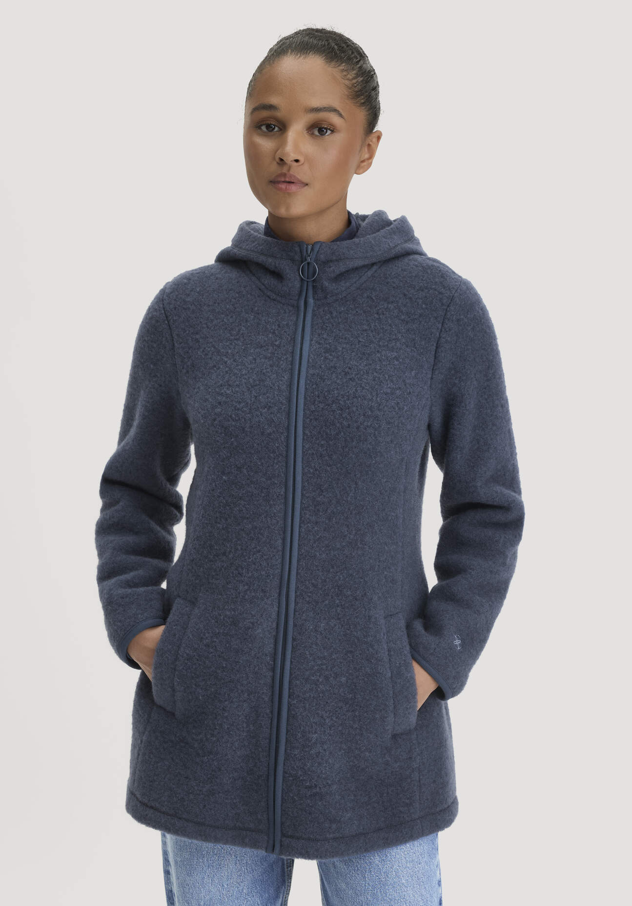 hessnatur Damen Wollfleece-Jacke mit Kapuze Regular aus Bio-Merinowolle - blau - Größe XXL