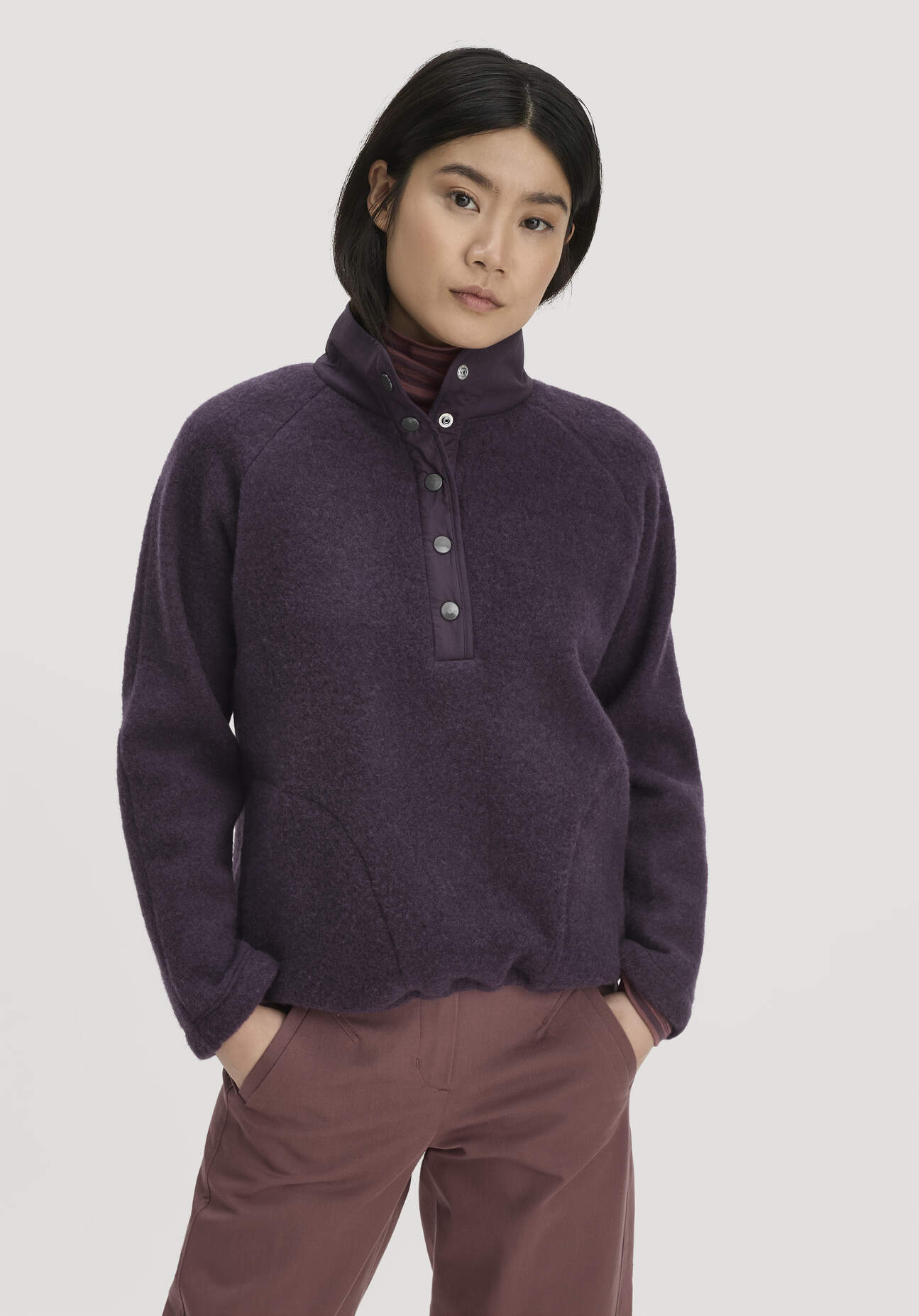 hessnatur Damen Wollfleece Troyer Patch Relaxed aus Bio-Merinowolle - lila - Größe XS