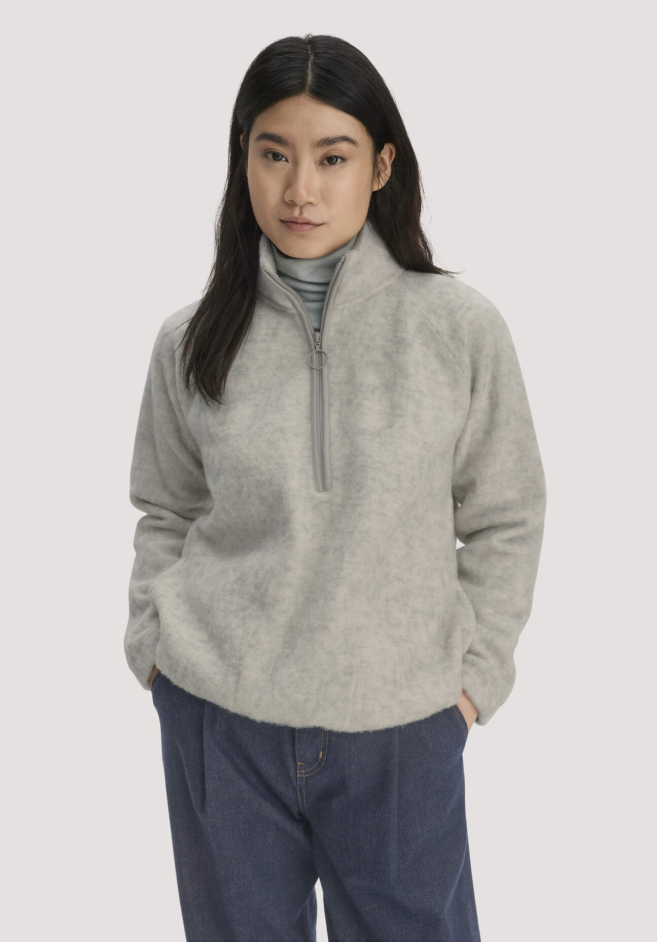hessnatur Damen Wollfleece Troyer Relaxed aus Bio-Merinowolle - grau - Größe M