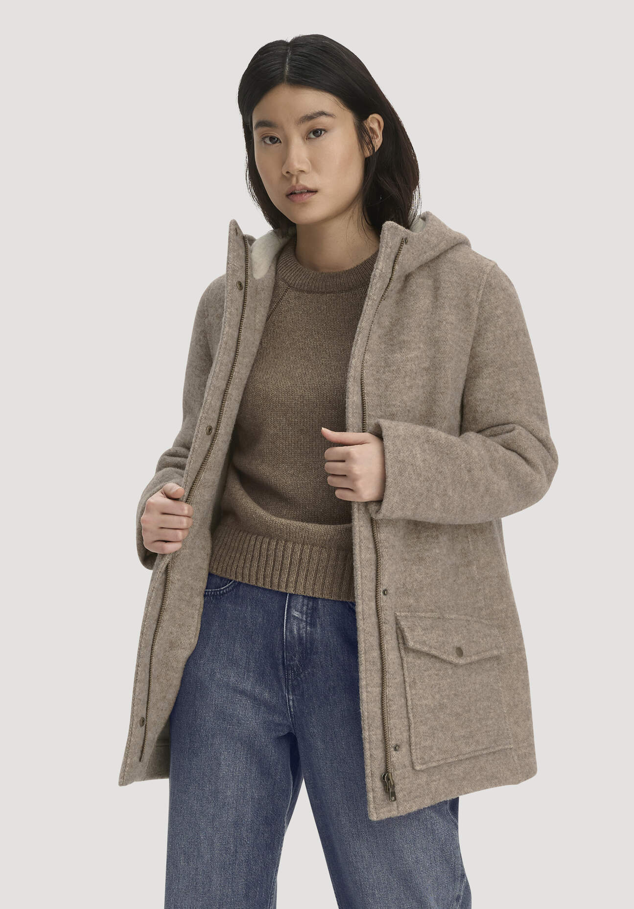 hessnatur Damen Rhön-Parka mit Kapuze Regular aus Rhönwolle und europäischer Schurwolle - beige - Größe 44