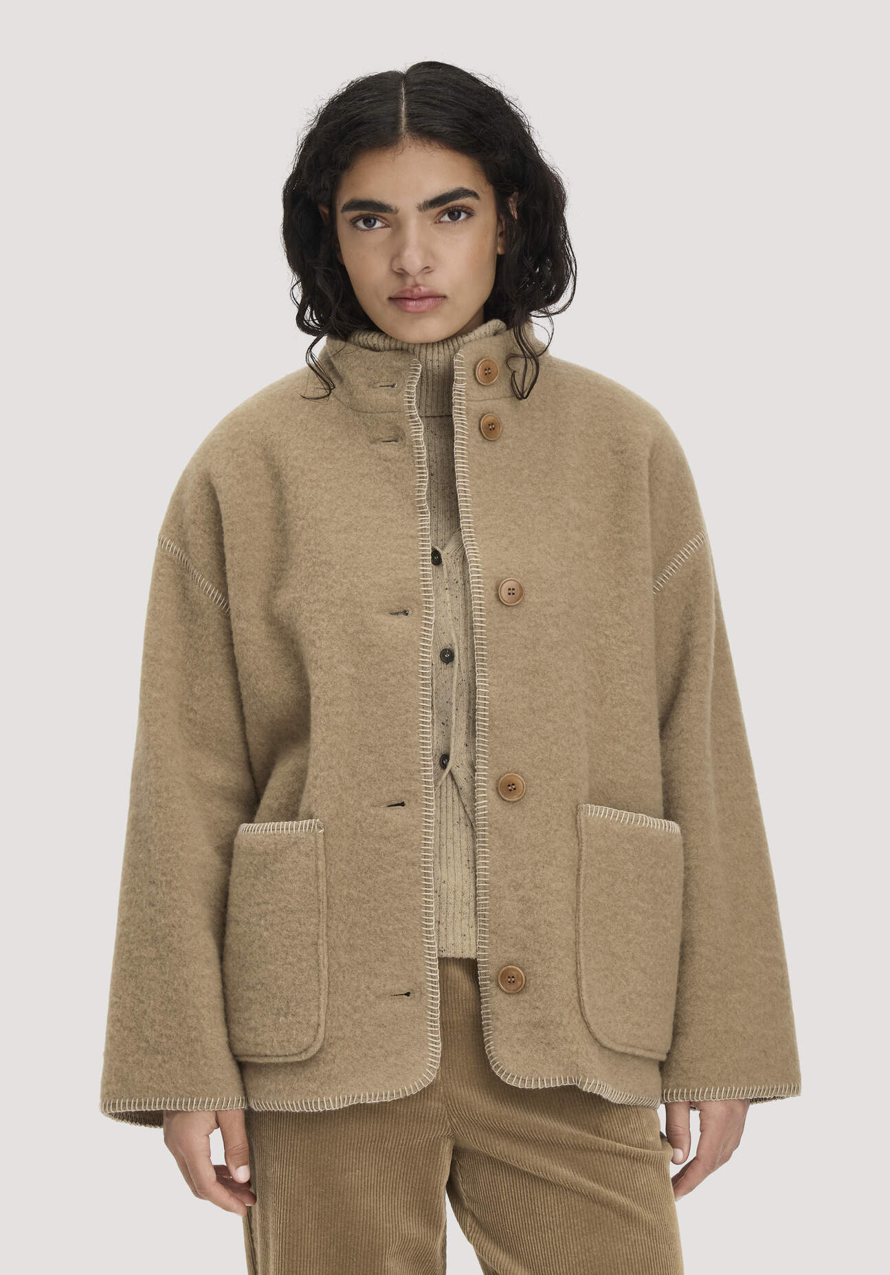 hessnatur Damen Wollfleece Jacke Boho Oversize aus Bio-Merinowolle - braun - Größe XL