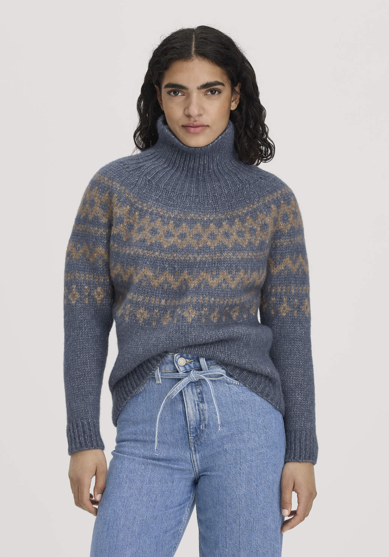 hessnatur Damen Rollkragenpullover Relaxed aus Alpaka und Bio-Baumwolle - blau - Größe XL