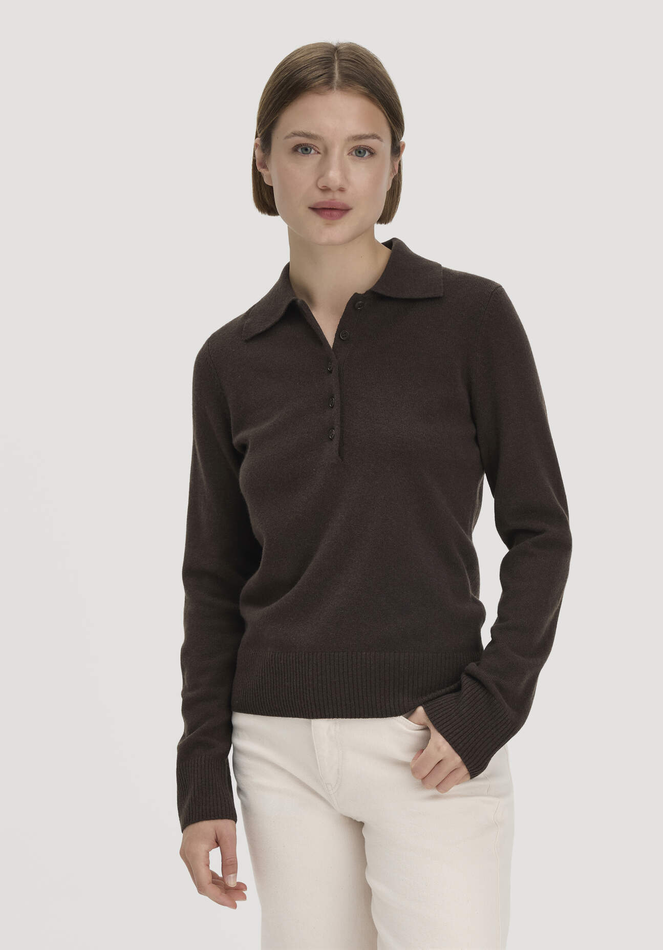 hessnatur Damen Polo-Pullover Regular aus Bio-Schurwolle mit Cahsmere - braun GrösseL