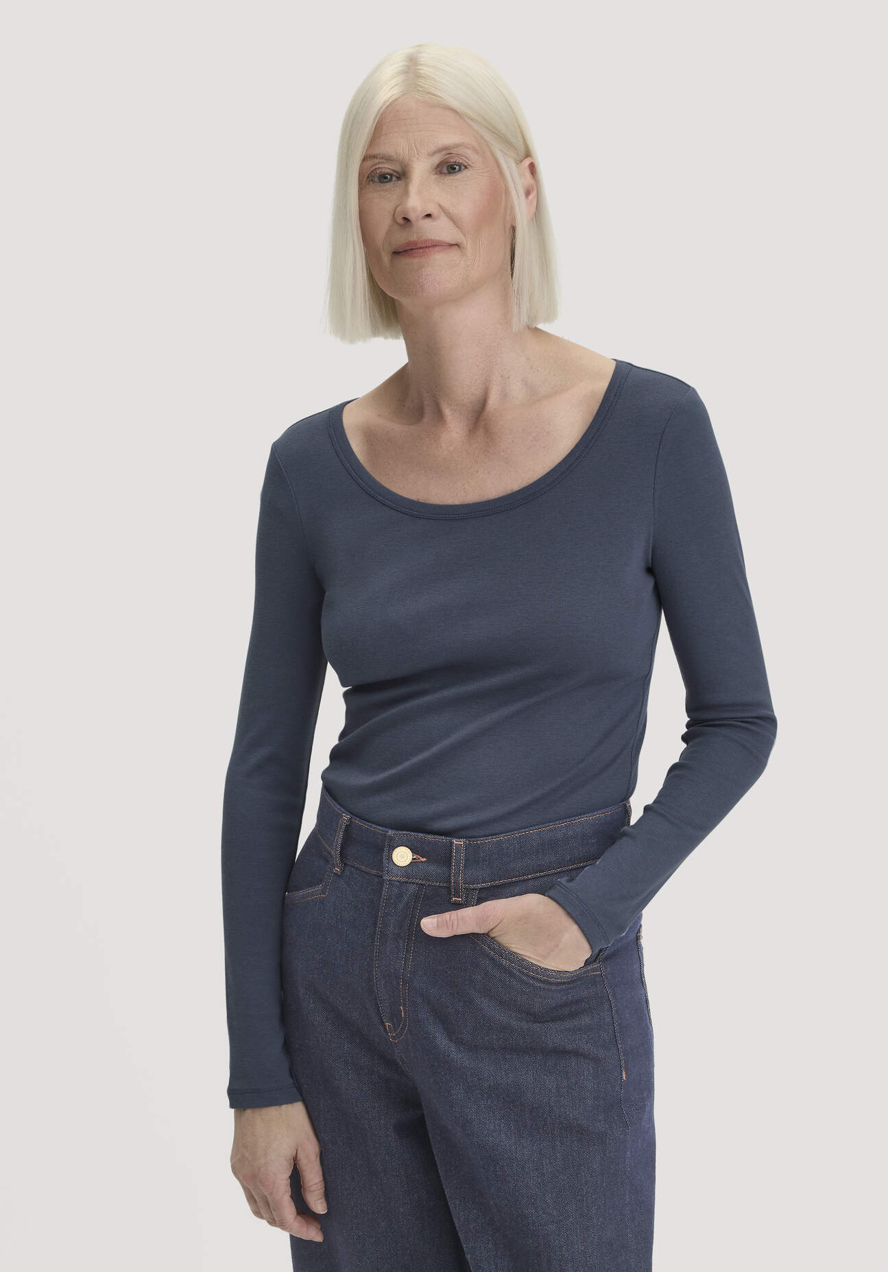 hessnatur Damen Softrib Longsleeve Fitted aus Bio-Baumwolle und TENCEL™ Modal - blau Grösse36