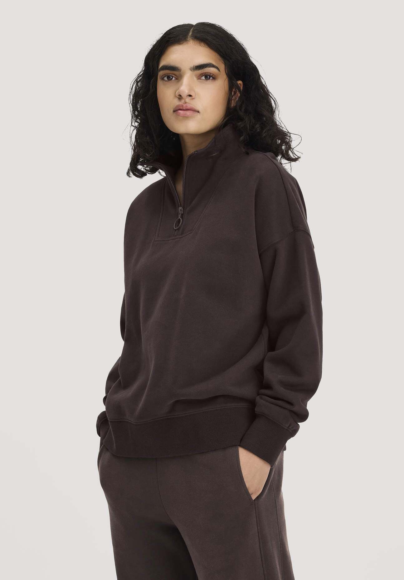 hessnatur Damen Troyer-Sweatshirt Oversize aus Bio-Baumwolle mit recycelter Baumwolle - braun GrösseL