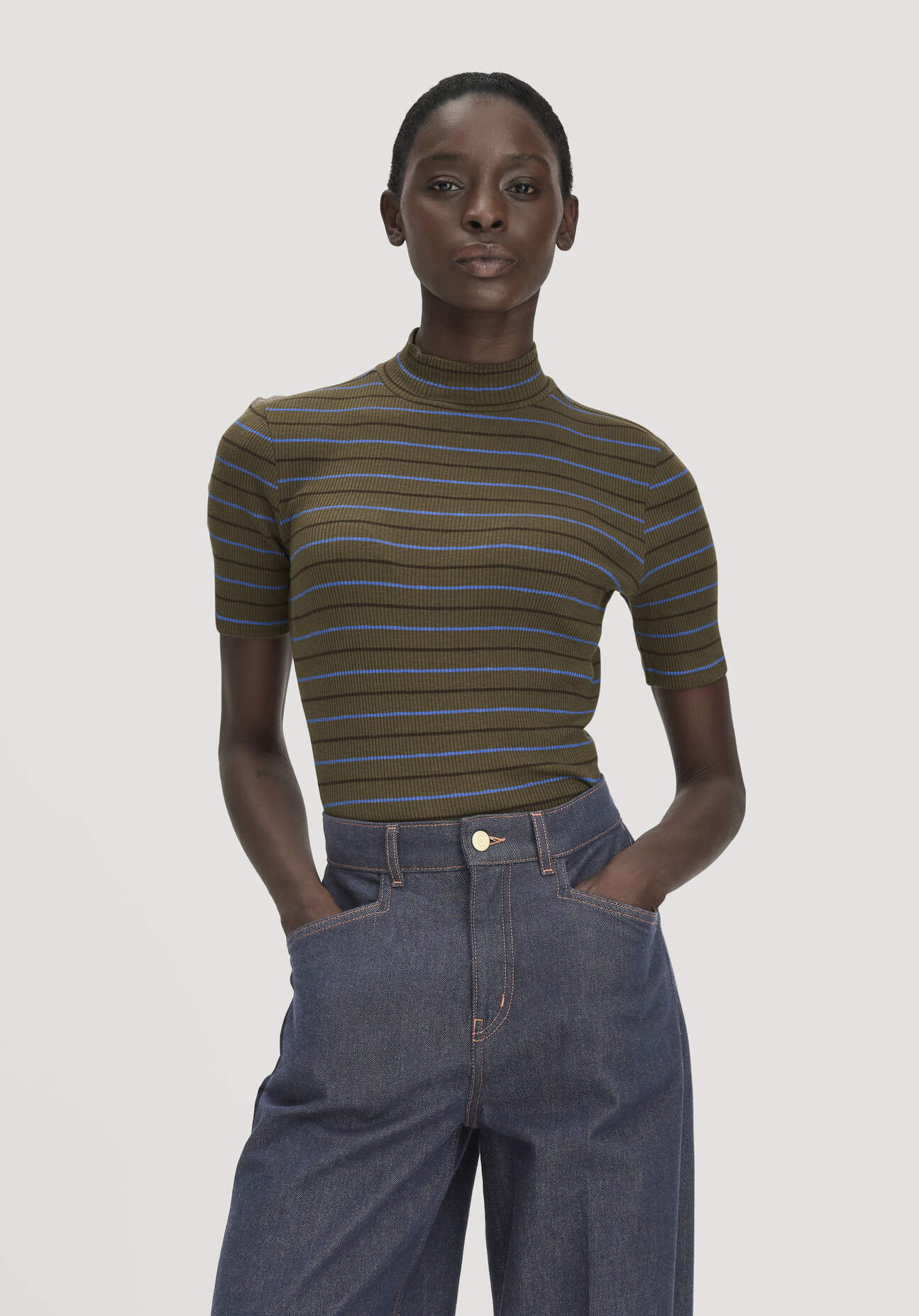 hessnatur Damen Slubrib Streifen T-Shirt Slim aus Bio-Baumwolle - grün Grösse36