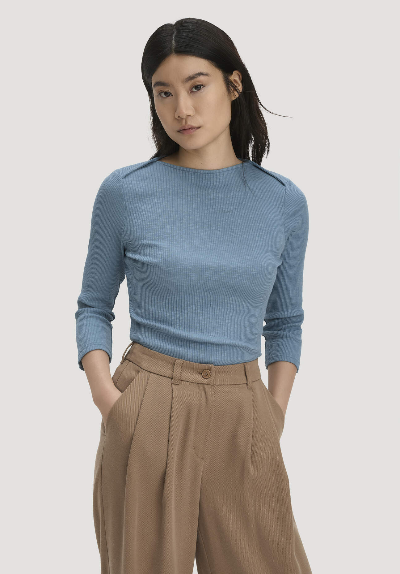 hessnatur Damen Boatneck Longsleeve Slim aus Bio-Baumwolle - blau Grösse48