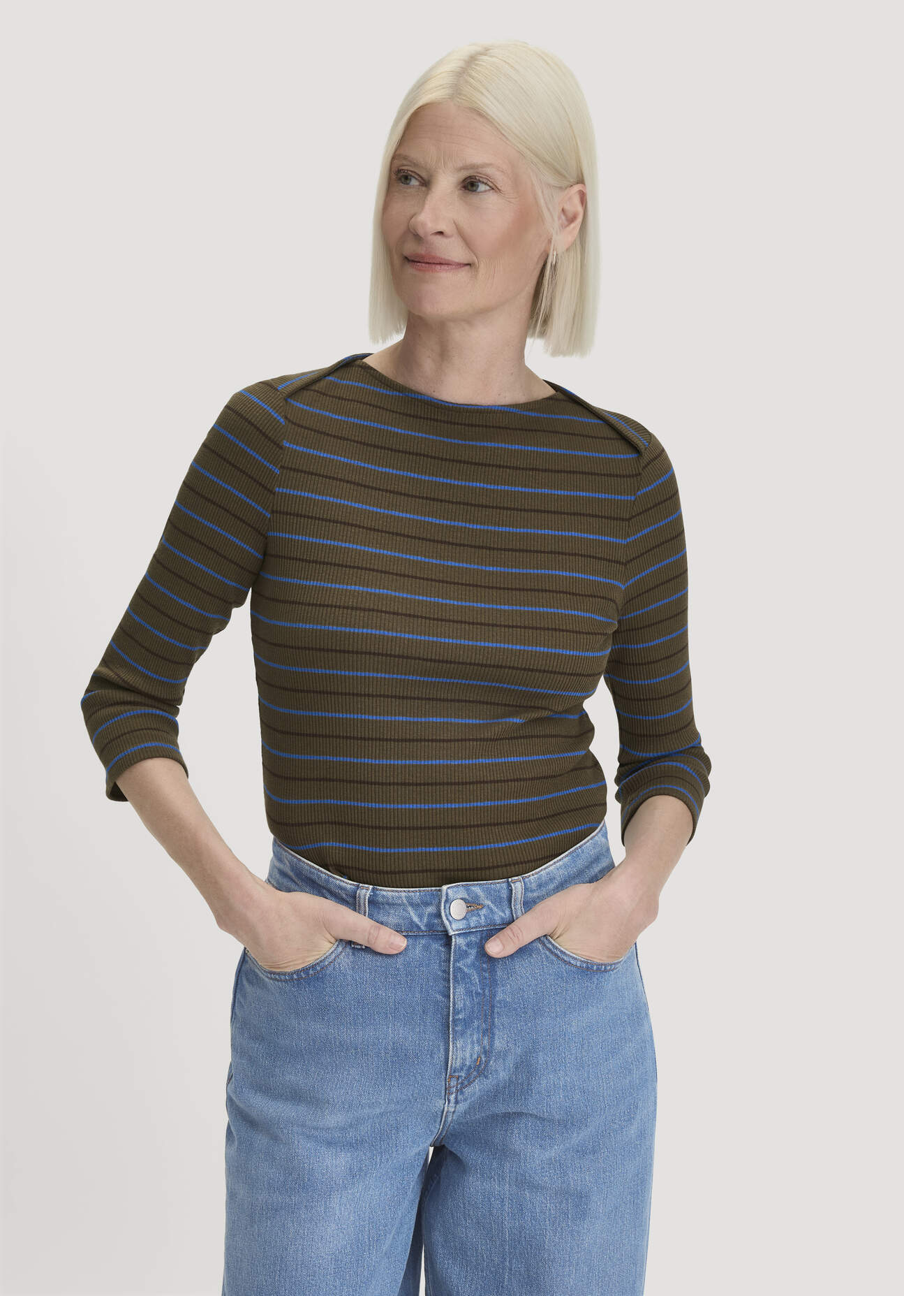 hessnatur Damen Slubrib Streifen Longsleeve Slim aus Bio-Baumwolle - grün Grösse40