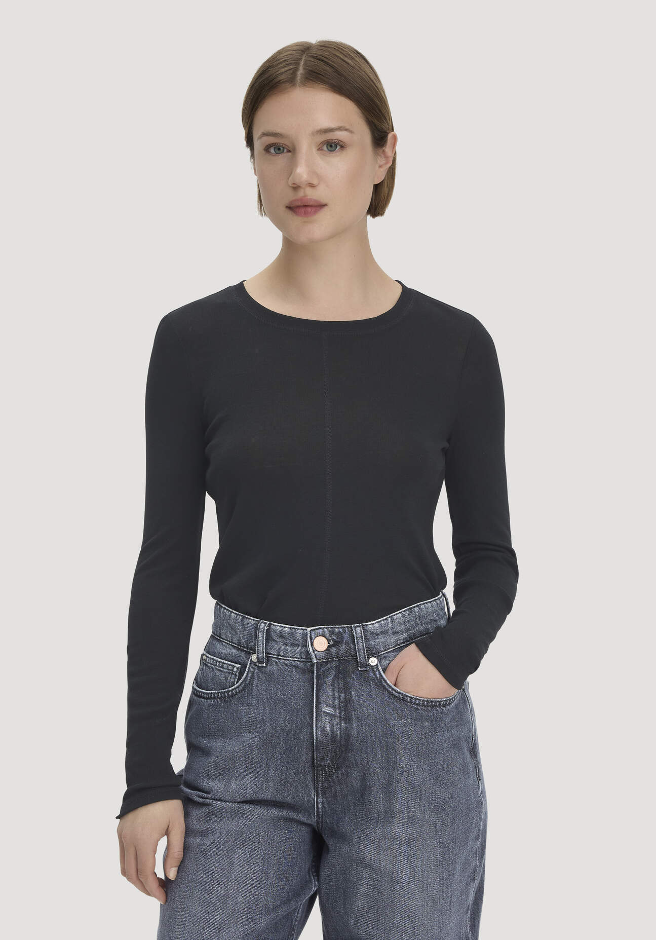 hessnatur Damen Longsleeve Slim aus Bio-Schurwolle und TENCEL™ Lyocell - schwarz - Größe 40